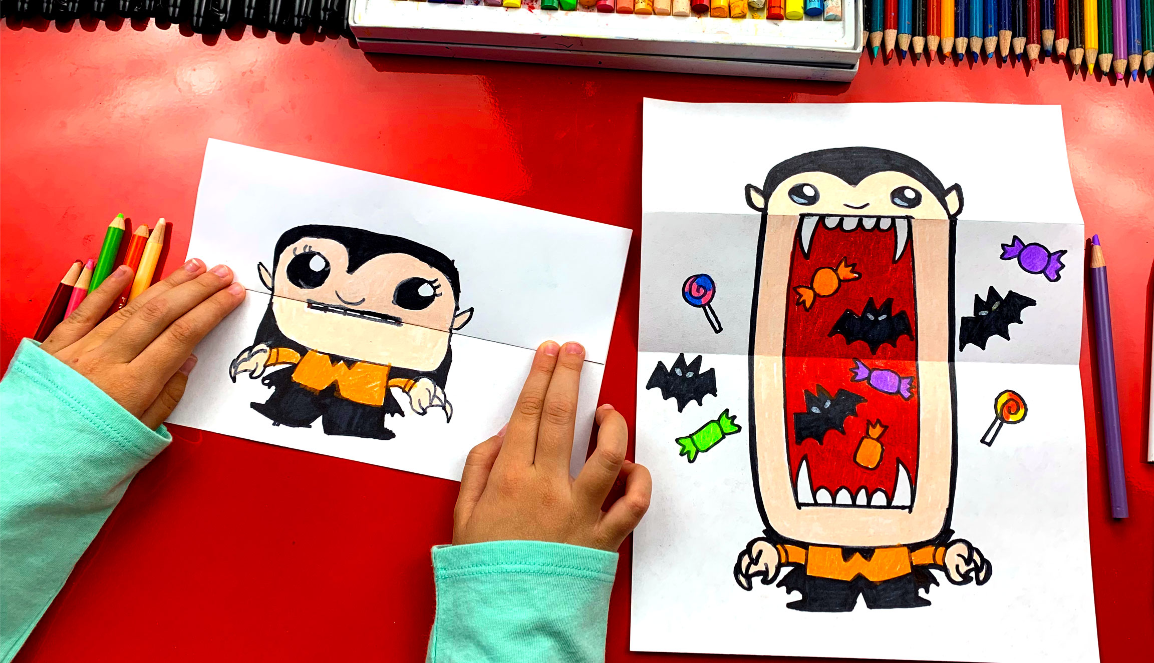 How To Draw A Big Mouth Vampire (Folding Surprise) - Art For Kids Hub