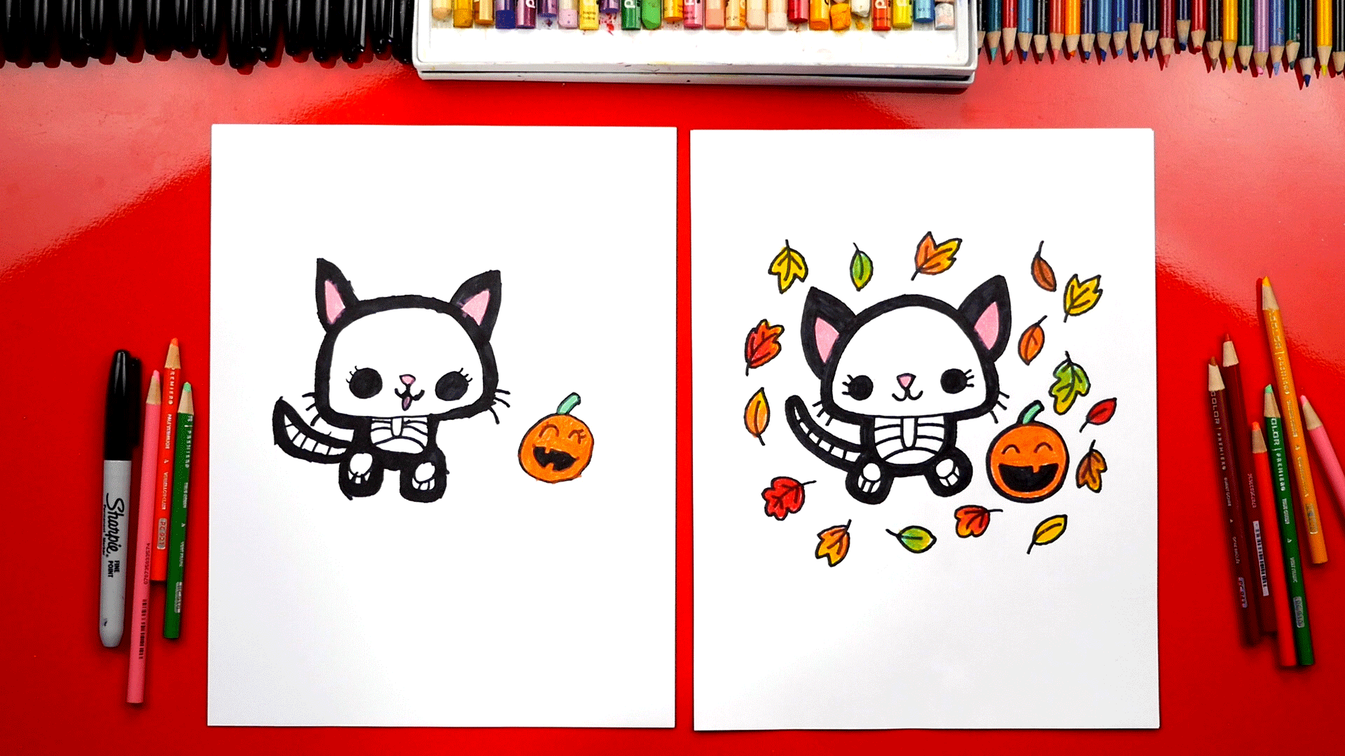 How To Draw A Cute Scary Kitten Skeleton - Art For Kids Hub