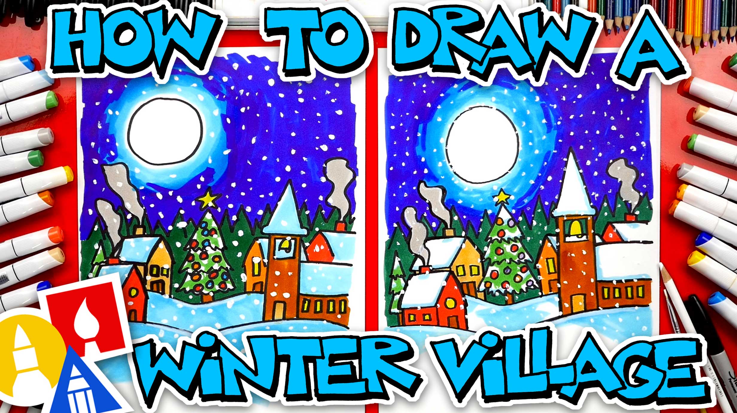 How To Draw A Winter Village - Art For Kids Hub