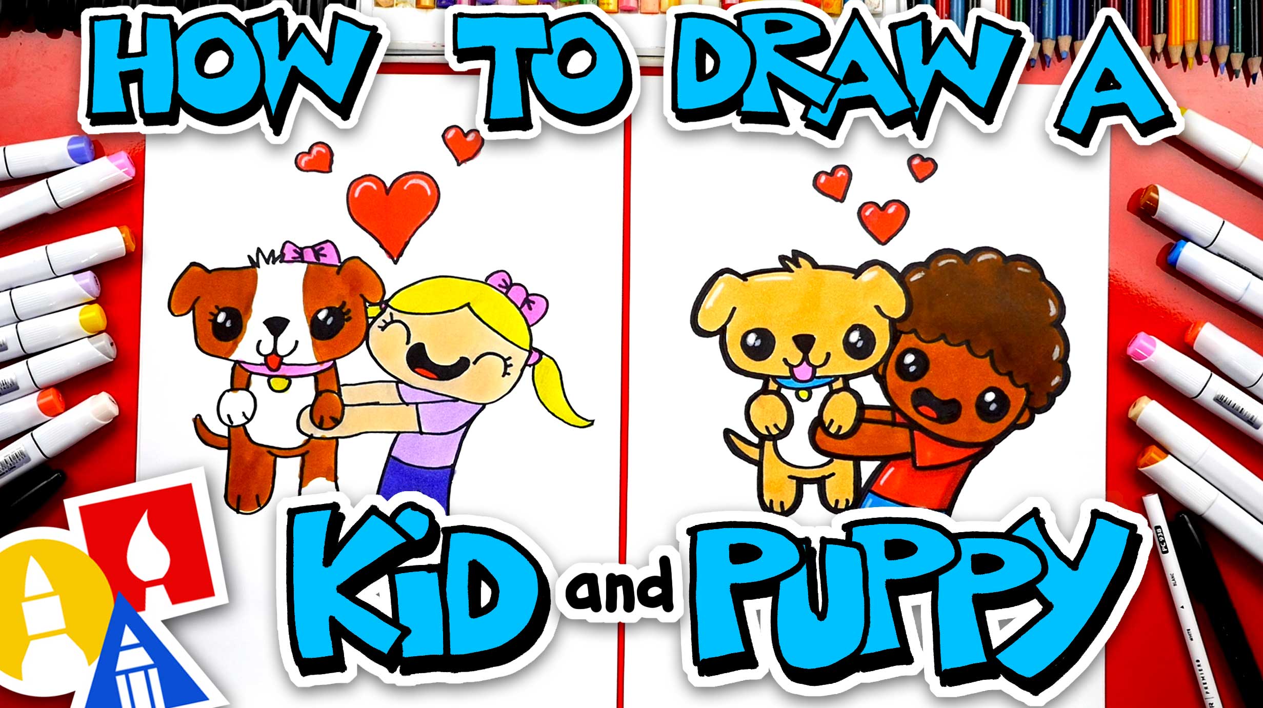 How To Draw A Kid Hugging A Puppy - Art For Kids Hub