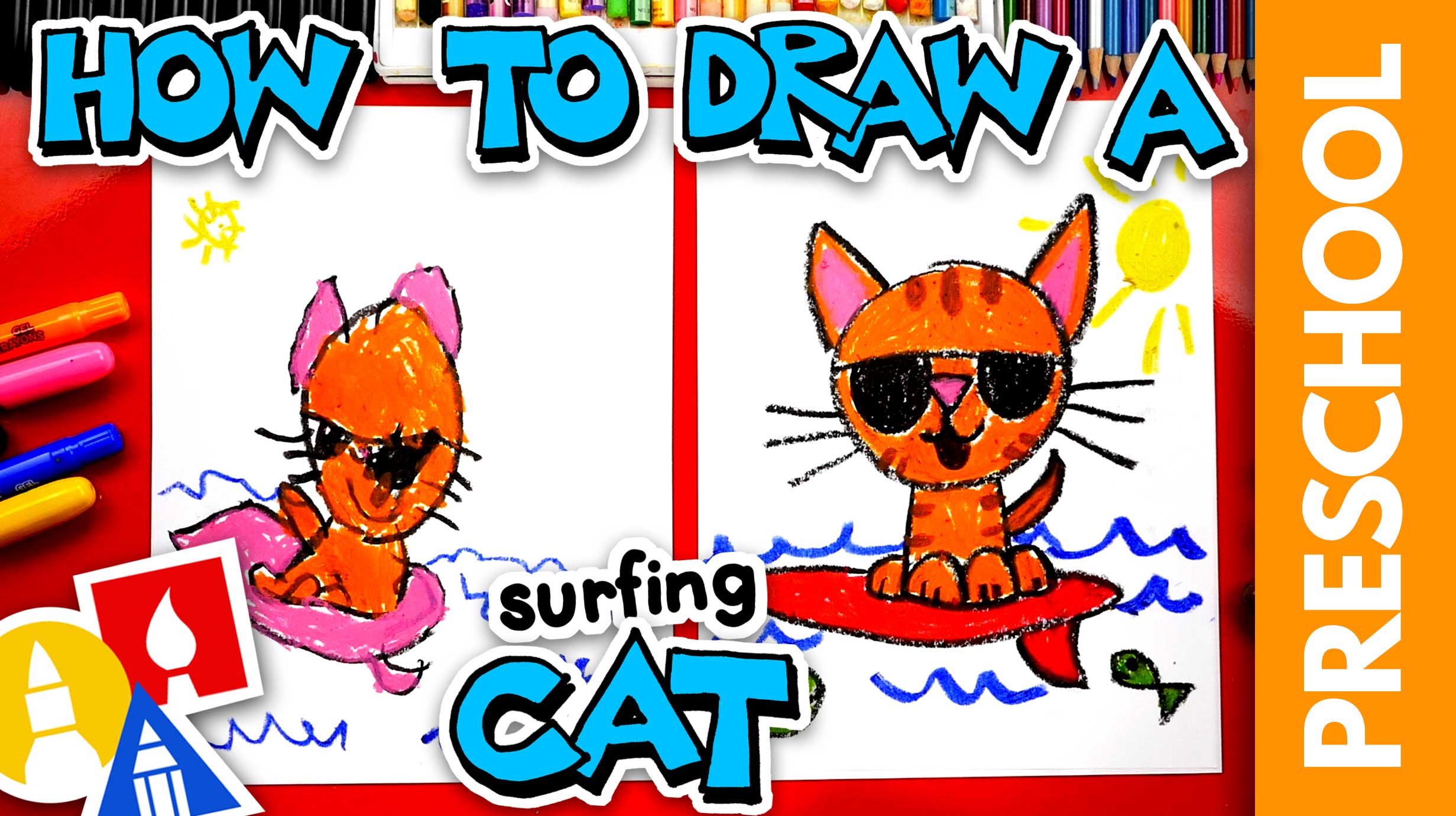 How To Draw A Cat Surfing - Preschool - Art For Kids Hub