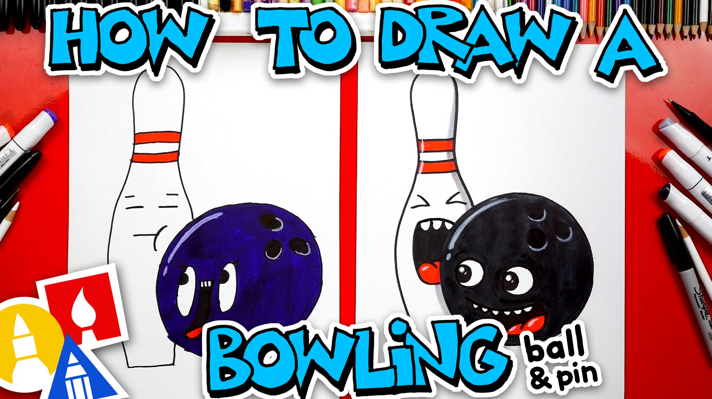How To Draw A Funny Bowling Ball And Pin Art For Kids Hub