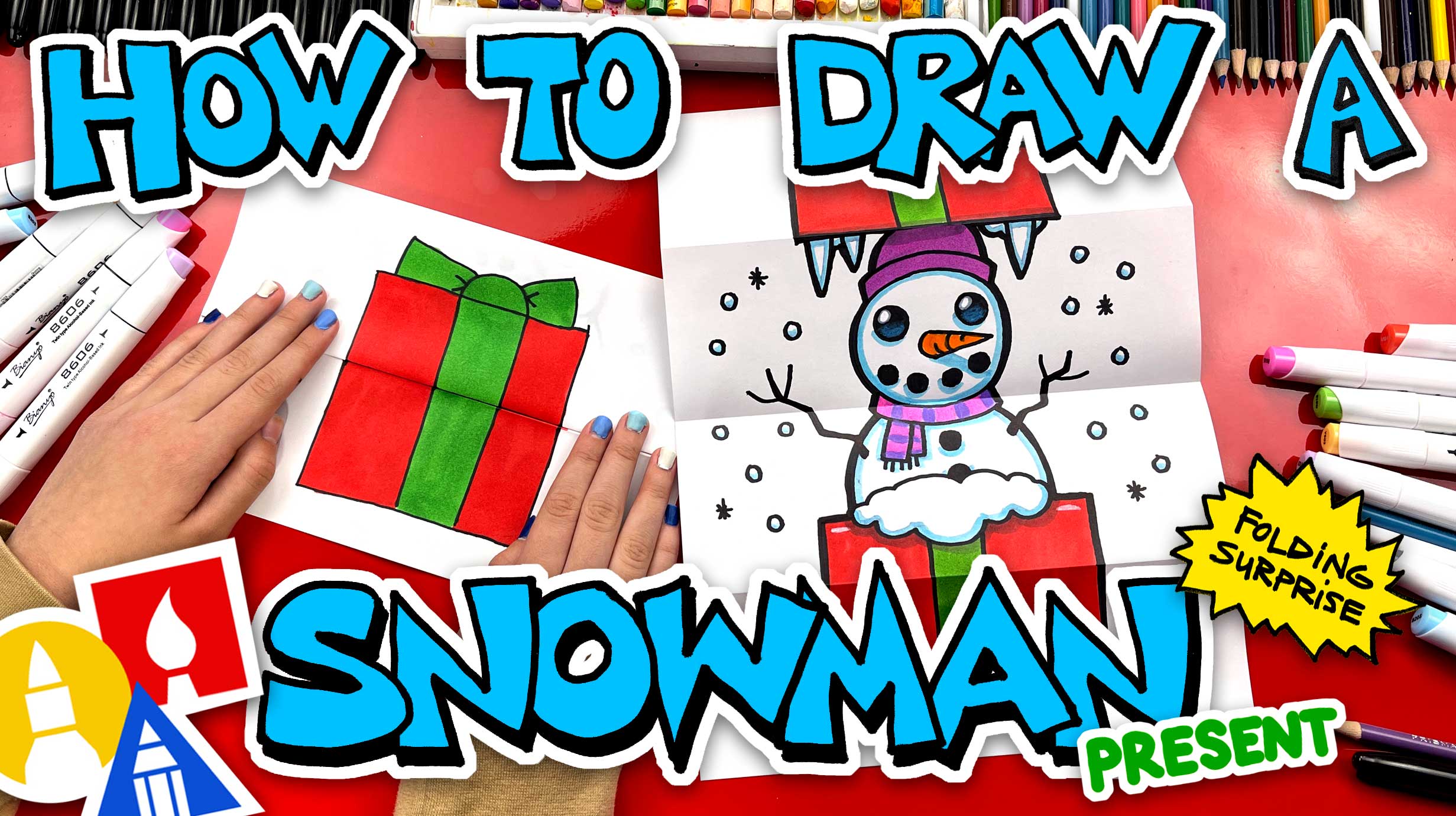How To Draw A Snowman In A Present Folding Surprise Art For Kids Hub