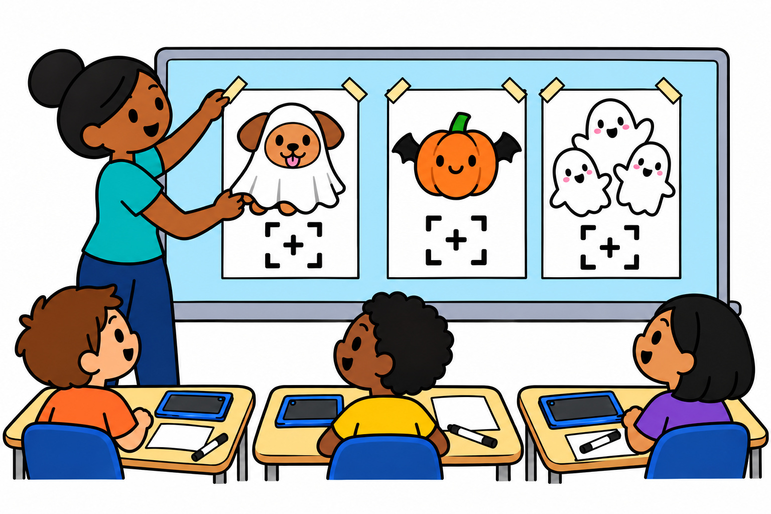 A teacher posts three Halloween drawing choices at the front of a classroom while children have tablets and drawing paper at their desks.