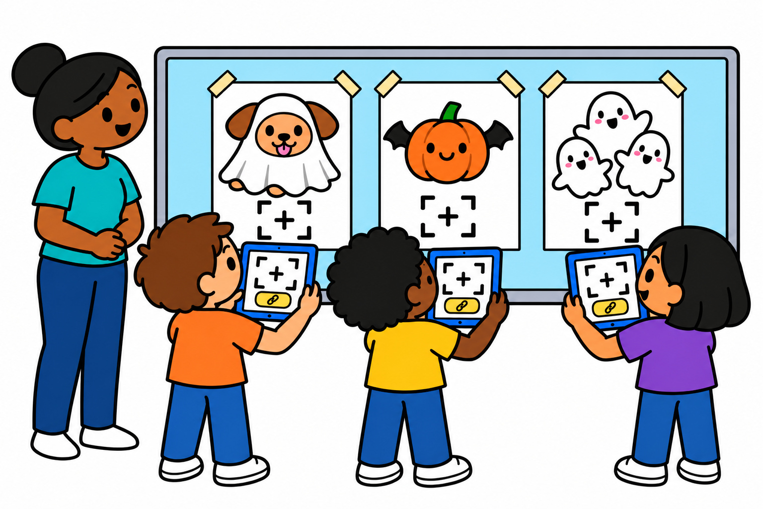 Three children use their own tablets to scan different Halloween drawing choices, with their teacher nearby to help.