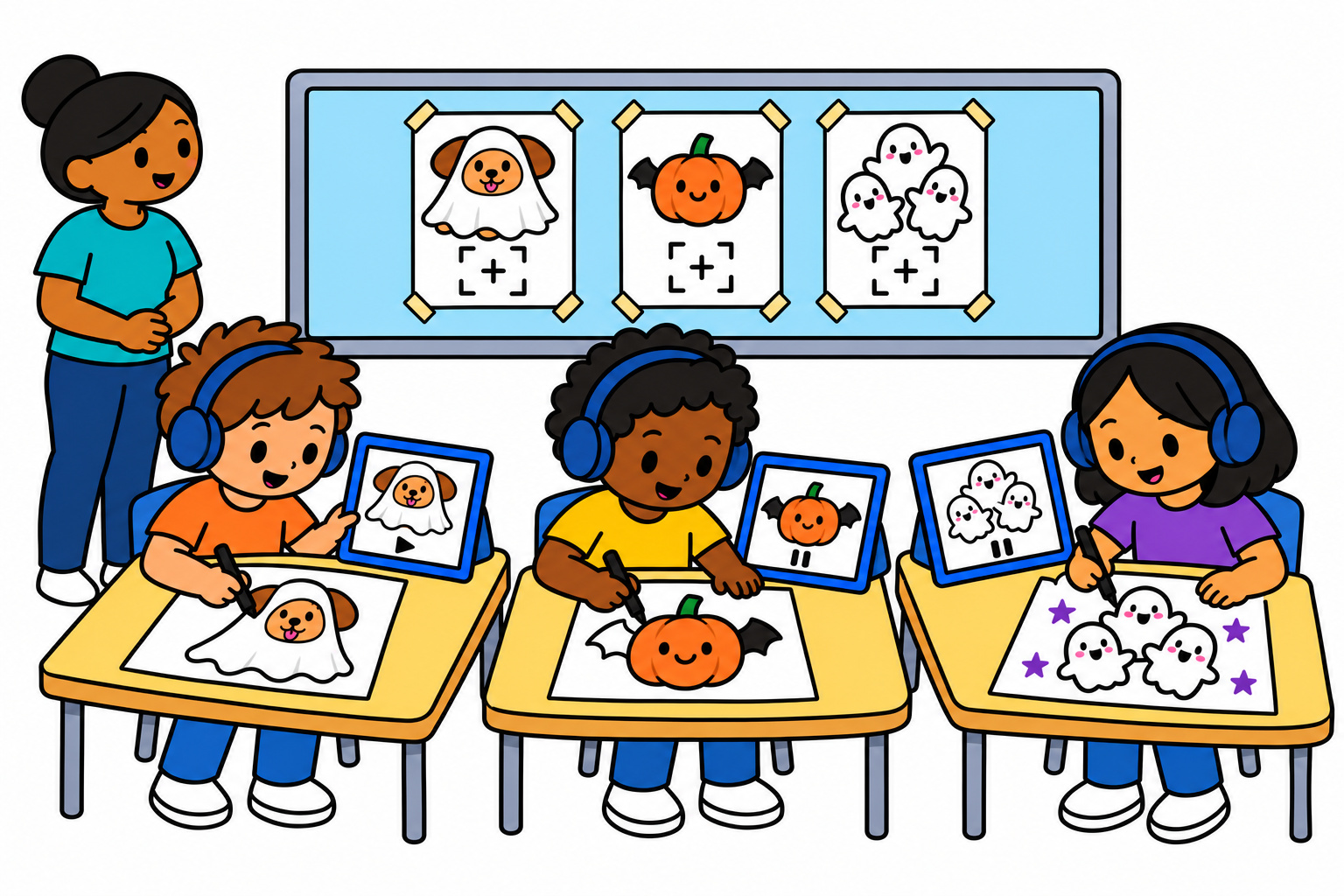 Three children draw a ghost-costume puppy, pumpkin bats, and a ghost family at their desks, each following a different lesson on their own tablet.